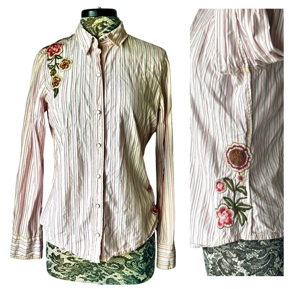 Johnny Was 3J Striped Embroidered Button Up Blouse Large